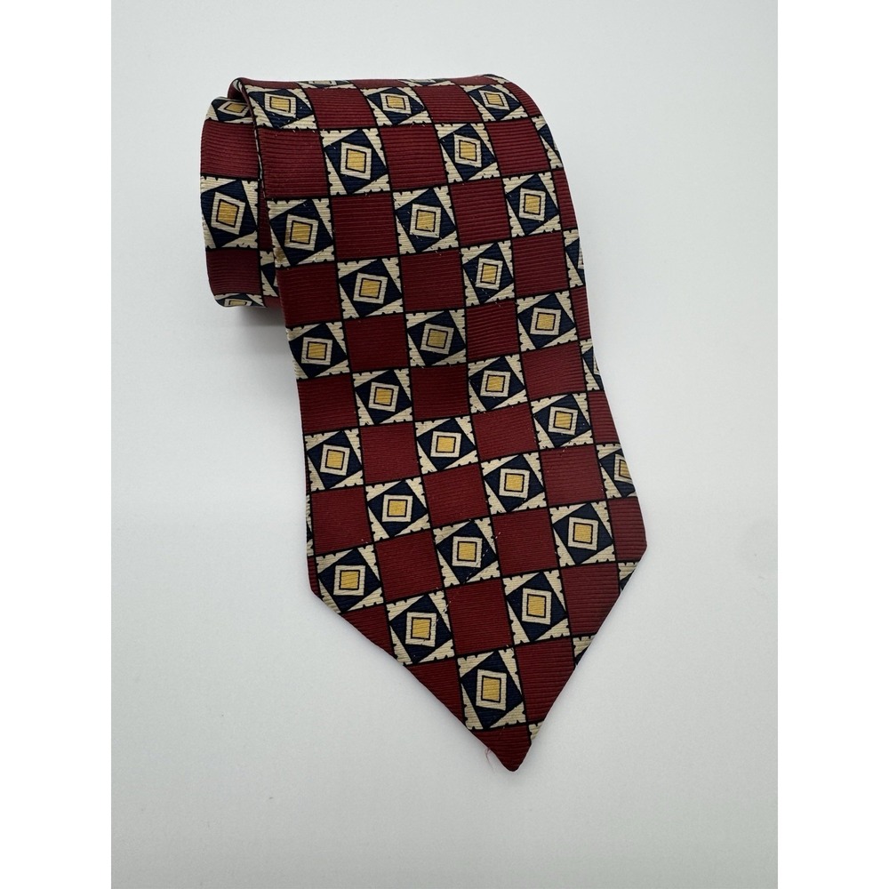 Tommy Hilfiger Silk Tie Red Geometric Squares Check Pattern Classic Designer Tie